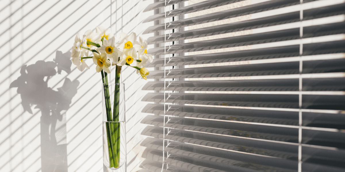 Vase of white and yellow daffodils on a sunlit windowsill. Thin blinds cast striped shadows, creating a serene, warm atmosphere.